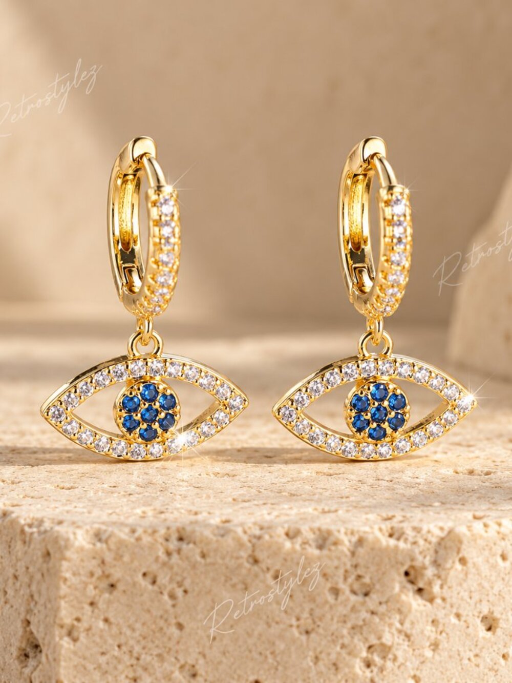 14K Gold 1ct Blue Sapphire Gemstone 2ct Diamond Womens Hanging Drop Eye Earrings